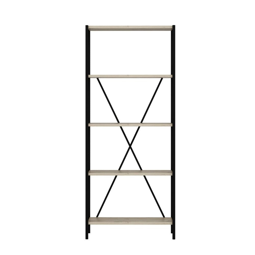 Libreria Axel con struttura in metallo nero e 5 mensole in rovere sonoma