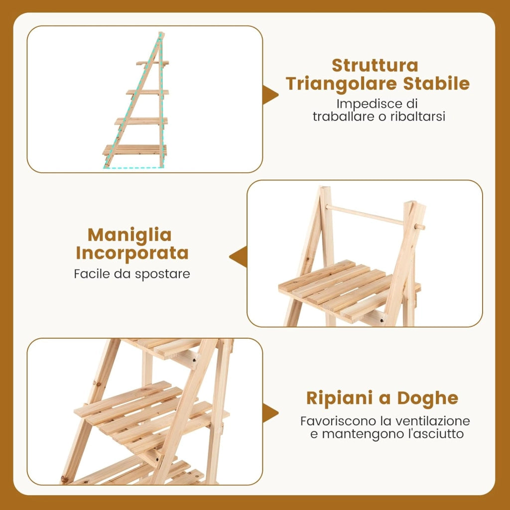 Scaffale Porta Piante a Scala Pieghevole, Scaffale per Vasi in Legno a 4 Livelli, Supporto Porta Fiori da Interno ed Esterno, Soggiorno Camera da Letto, Balcone