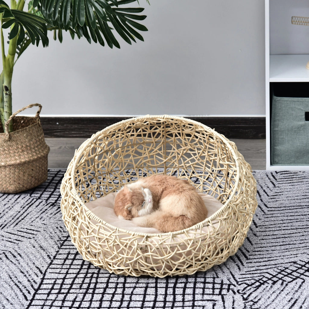 Cuccia per Gatti in Rattan con Cuscino ¨C Minimal ¨C Beige ?56x35 cm