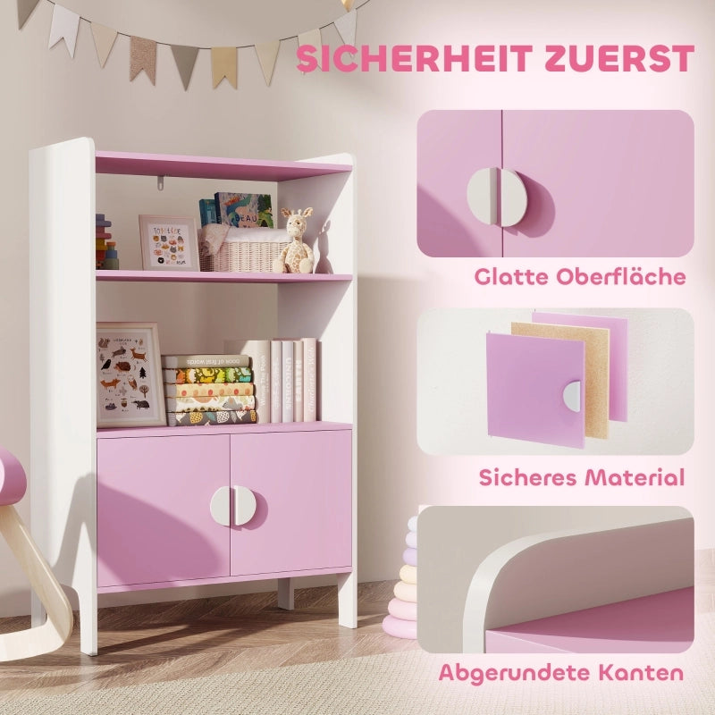 Libreria per bambini, 2 ripiani, 2 ante, autoportante, design antiribaltamento, piedini antiscivolo, MDF, rosa+bianco