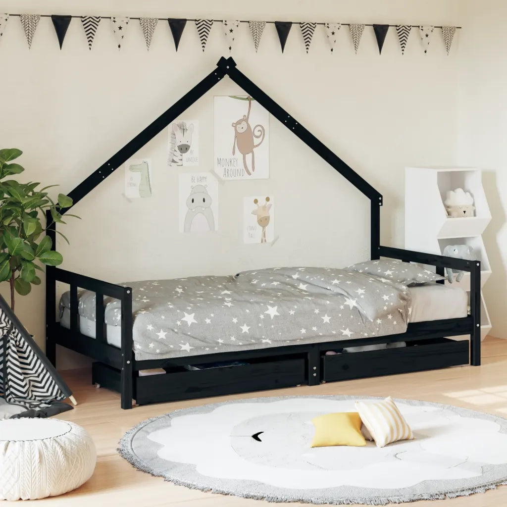 Giroletto Bambini con Cassetti-Struttura Letto Bambini Nero 90x200cm Massello di Pino 203580