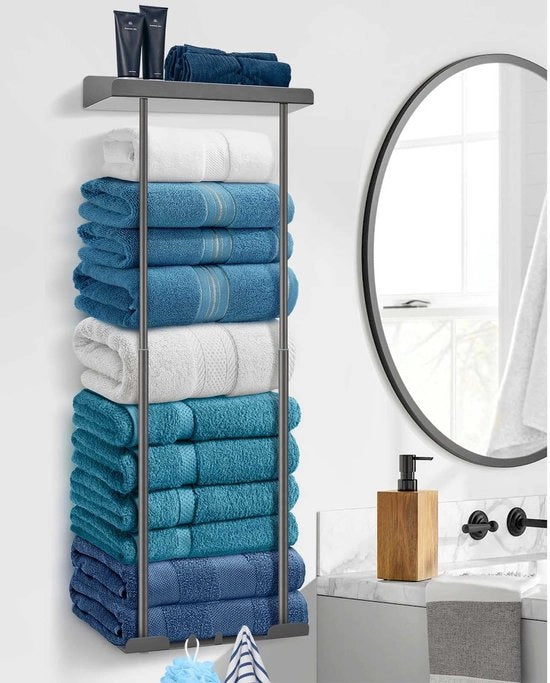 Supporto asciugamani senza forare – Supporto asciugamani robusto per la stanza da bagno | Supporto asciugamani con ganci | Accessori moderni per la stanza da bagno (grigio)