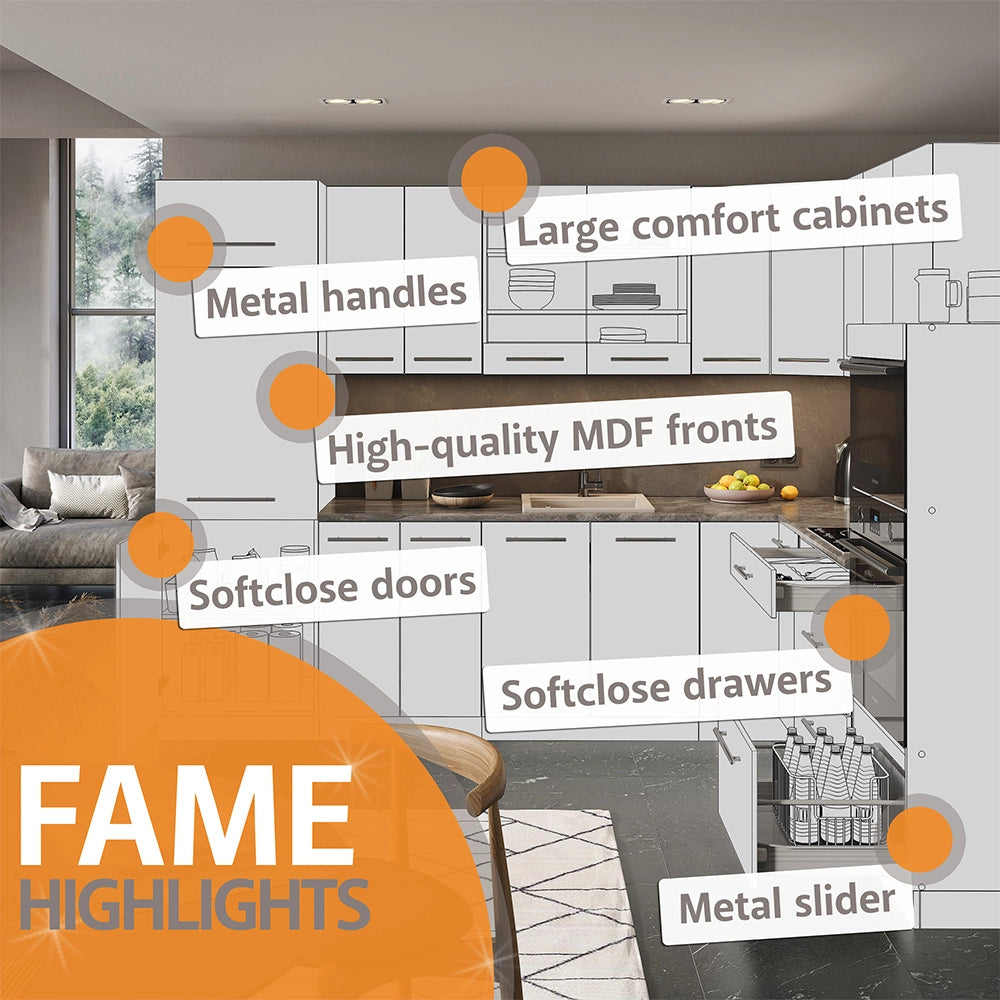 Cucina componibile Fame-Line Antracite lucido/Rovere dorato 300 cm con armadio alto, PL Marmo Vicco