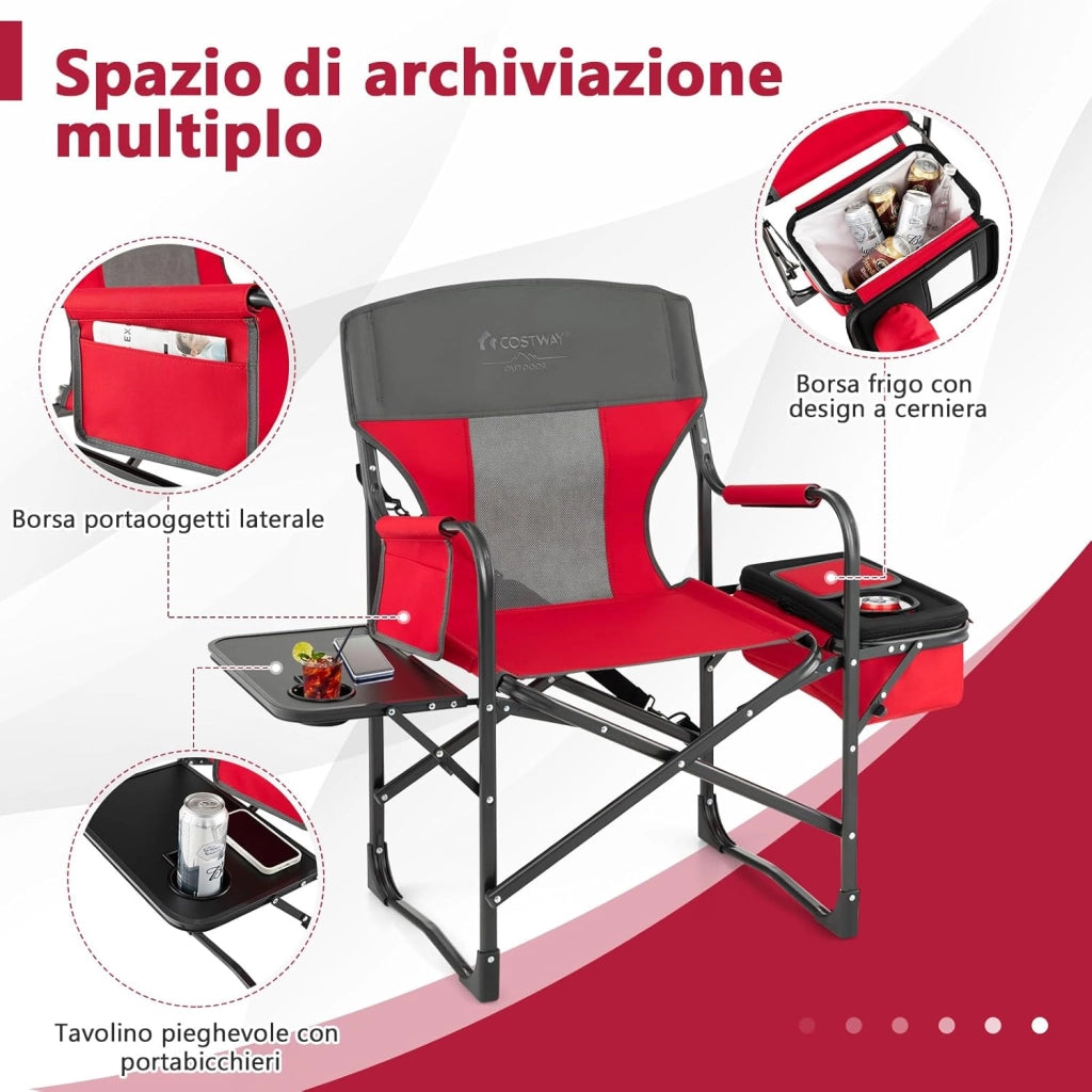 Sedia da Campeggio Pieghevole, Sedia da Regista Robusta con Tavolino, Borsa Frigo, Borsa Portaoggetti e Cinghia, Portata 180 kg, per Campeggio Escursione Pesca Picnic (Rosso)
