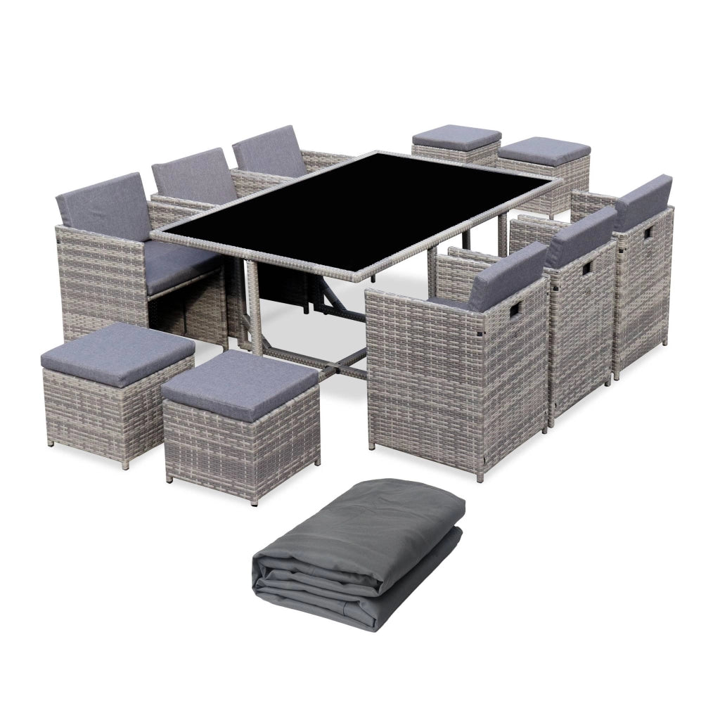 Set tavolo da giardino in resina con 10 poltrone + copertura