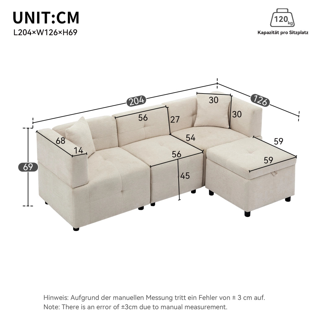 Divano modulare a 3 posti in chenille beige con poggiapiedi contenitore e 2 cuscini