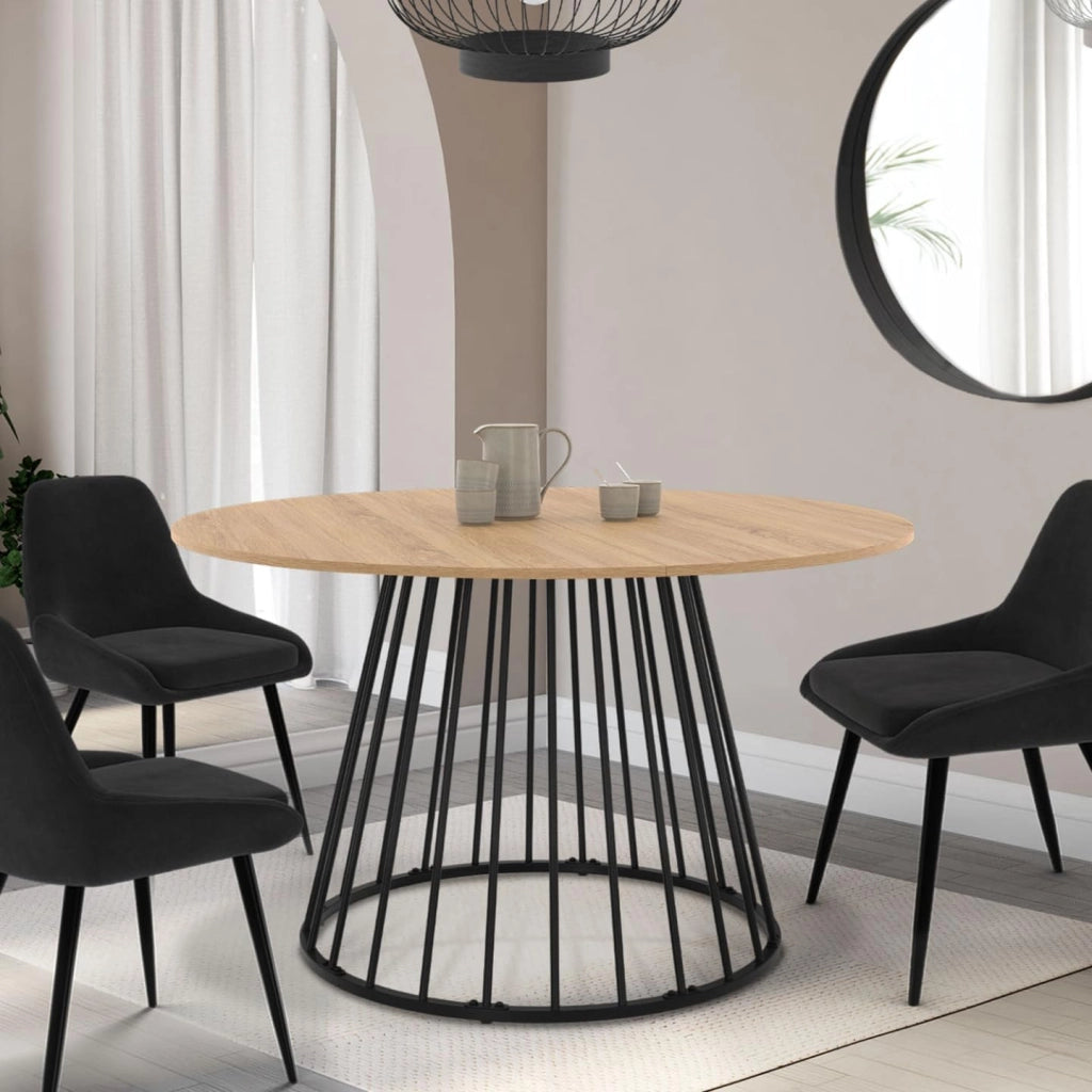 Tavolo da pranzo rotondo allungabile YUNA 4-8 persone con piano in legno e gamba in filo metallico nero 110-150 cm