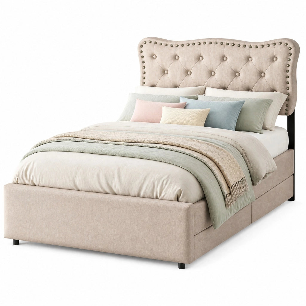 Letto imbottito 90 x 200 cm con cassetti e testiera regolabile