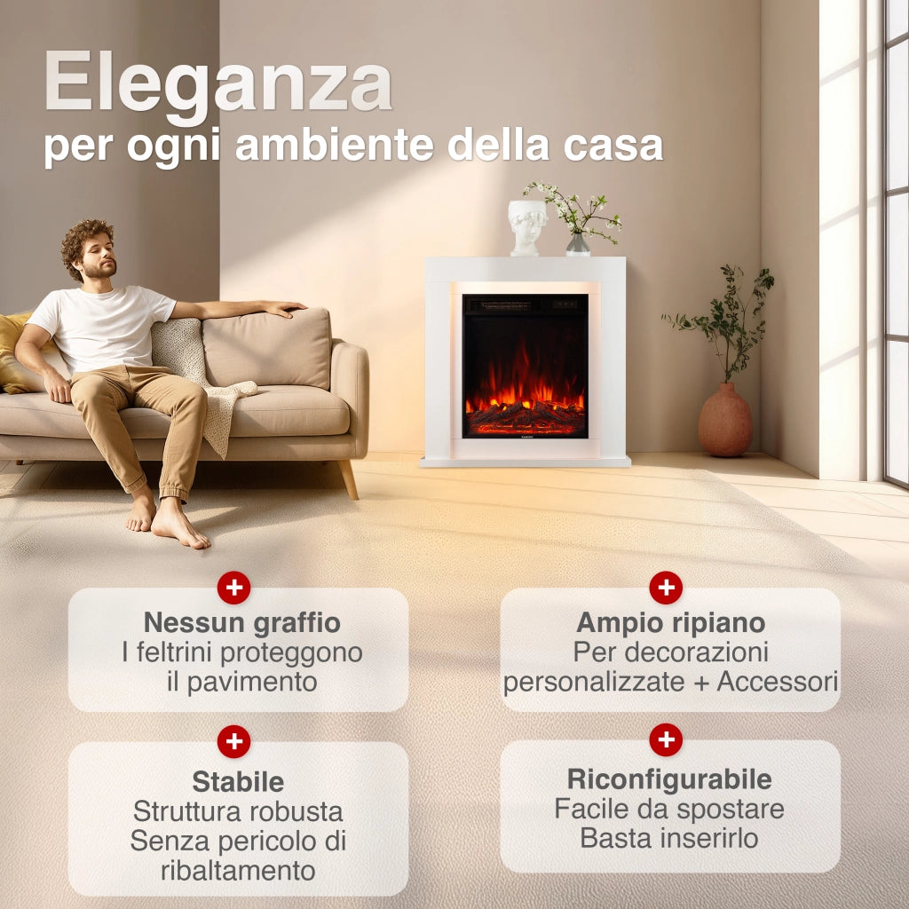 KAMINIO Camino elettrico MATTI - Caminetto da pavimento con riscaldamento, effetto fiamma 3D, luce ambiente a LED, telecomando - 32 pollici, Bianco