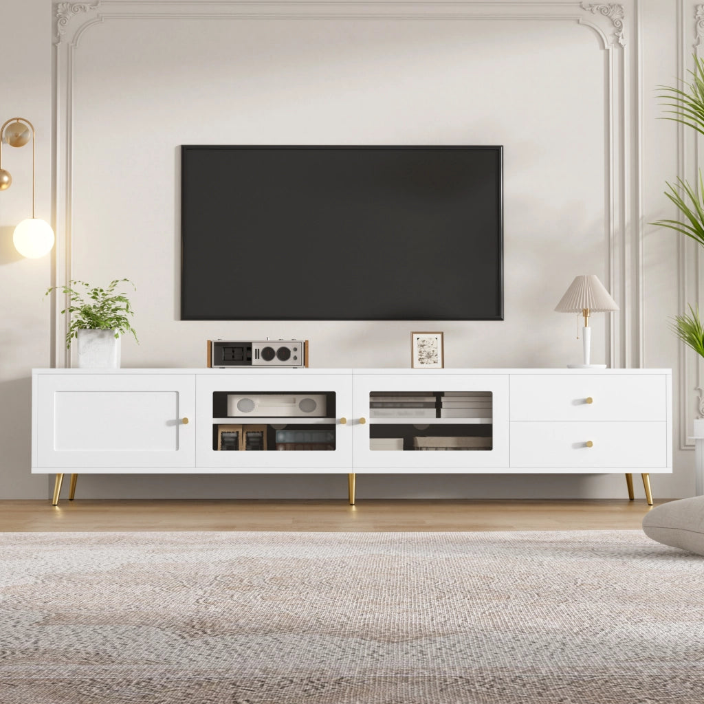 Mobile TV basso moderno con 2 cassetti, 2 ante in vetro e 1 anta, ampio spazio contenitore, bianco, 170¡Á40¡Á28 cm