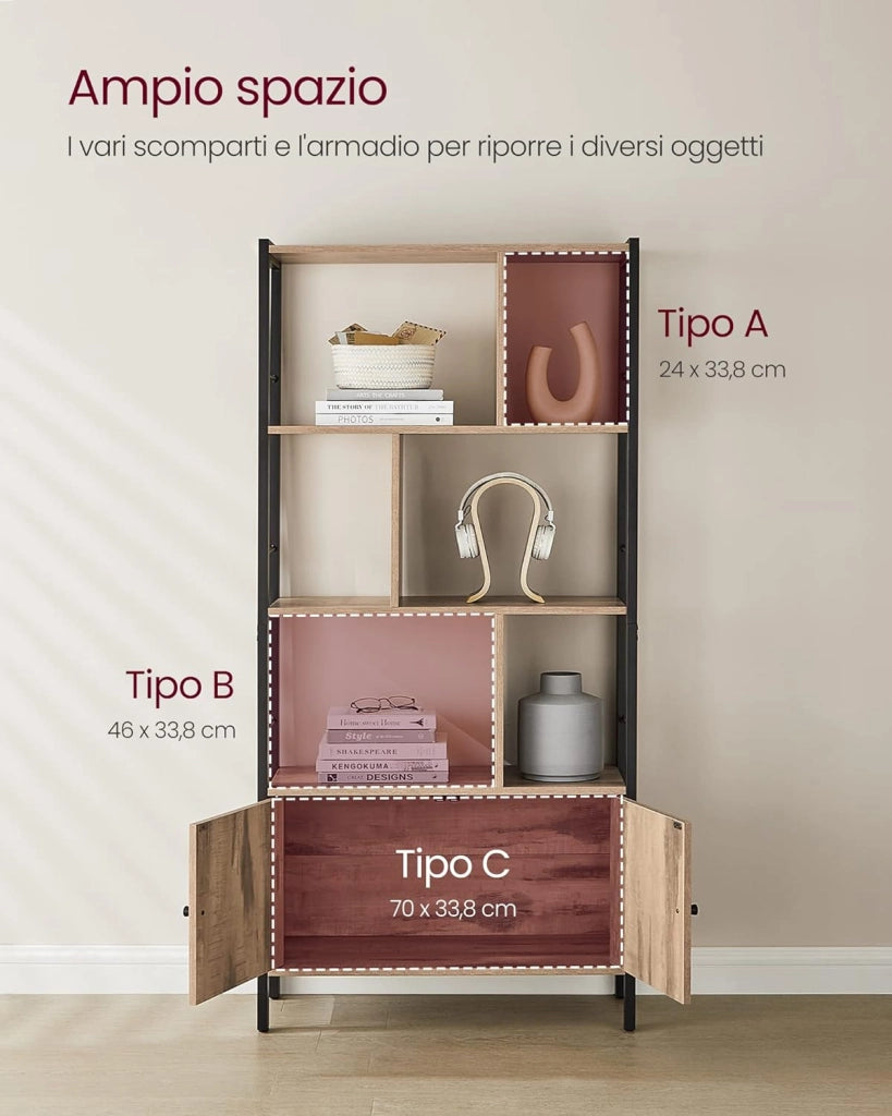VASAGLE LBC022B50 - Libreria grande con ante, 4 ripiani, struttura in acciaio, stile industriale, per soggiorno, ufficio, colore rovere tostato e nero
