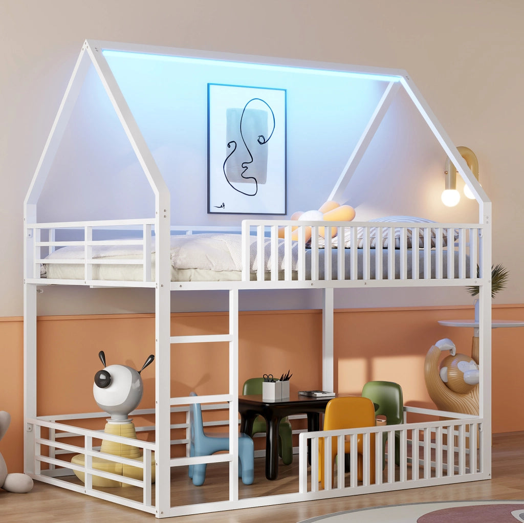 Letto a soppalco a casetta 140x200 cm in metallo con LED a 7 colori; bianco