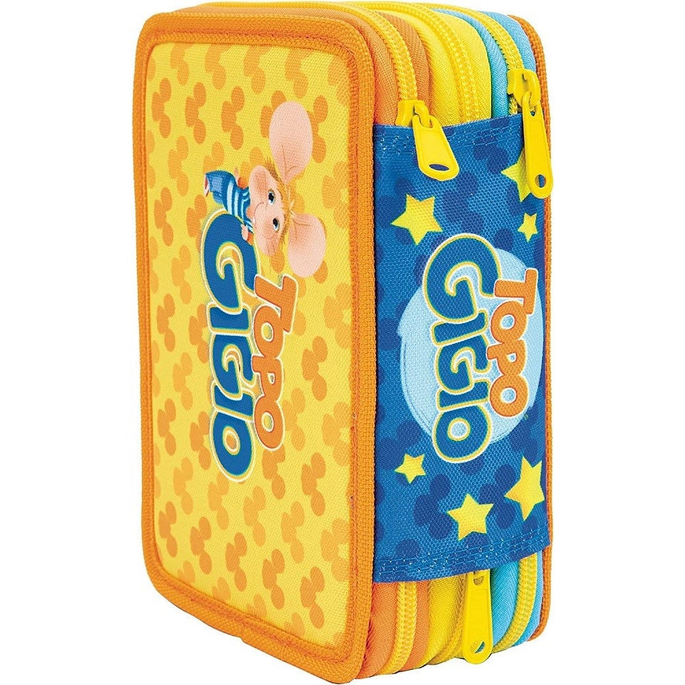 Trade Shop - Astuccio Triplo Multicolore Topo Gigio 3 Scomparti Zip Scuola Portapastelli -