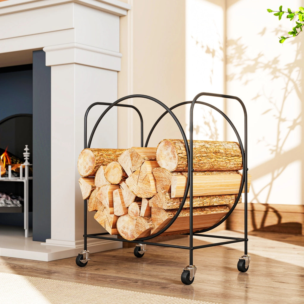 Porta Legna Metallico con Ruote per Interno ed Esterno ¨C zephmum ¨C Nero 51x30x60 cm