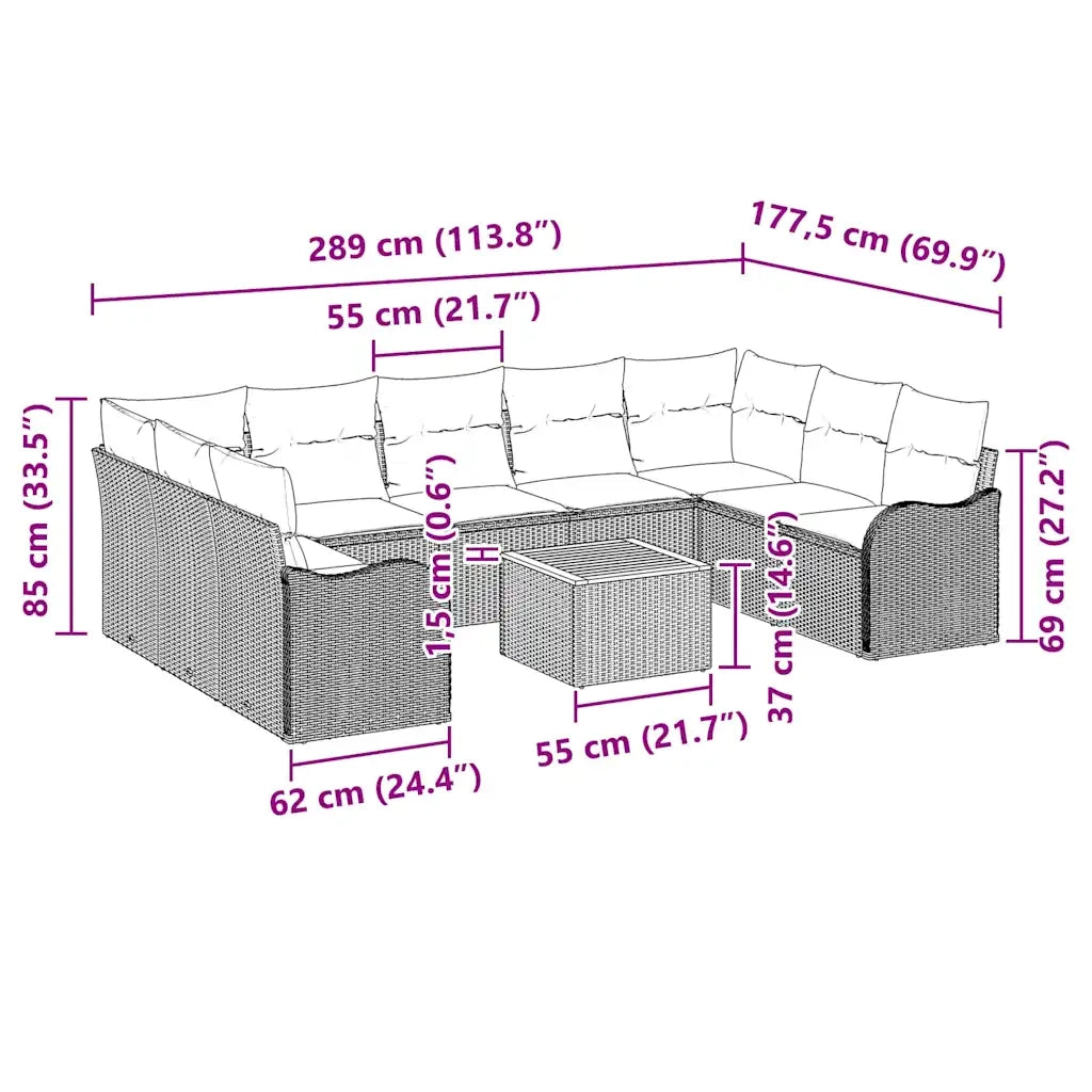Set Divano da Giardino con cuscino 10 pcs Beige polyrattan 3347497