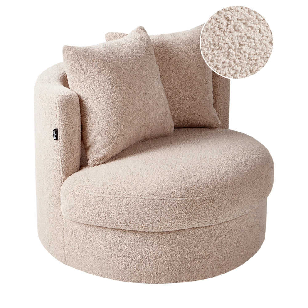 Poltrona Beige in boucle con base girevole in ferro Due cuscini sfoderabili Schienale rotondo Soggiorno moderno in stile glam