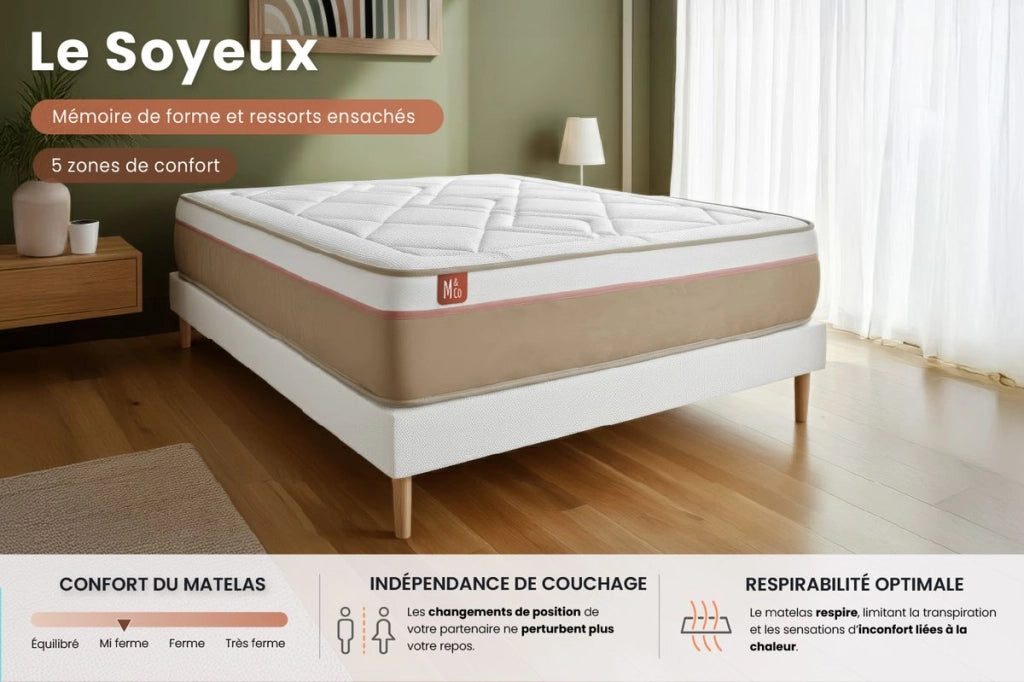Pacchetto letto completo - Materasso 160x200cm + Box spring con doghe (kit) + 2 cuscini + Piumino - Le Soyeux