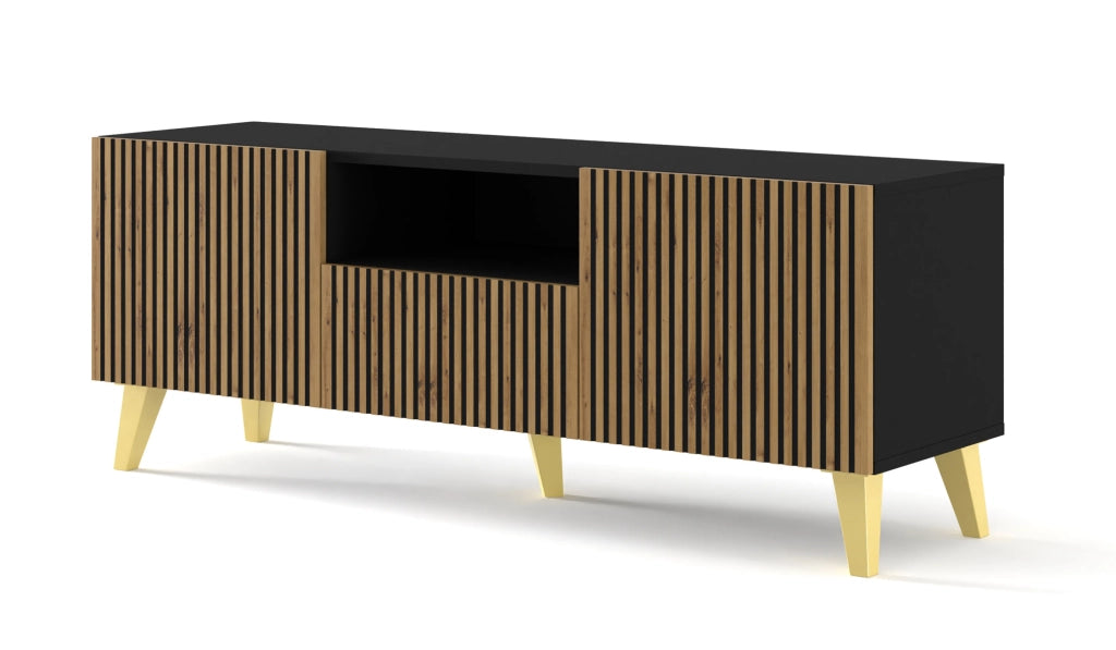 MOBILE RAVENNA P PORTA TV IN MDF VERNICIATO 150 2D1S ROVERE ARTIGIANALE NERO GAMBE ORO