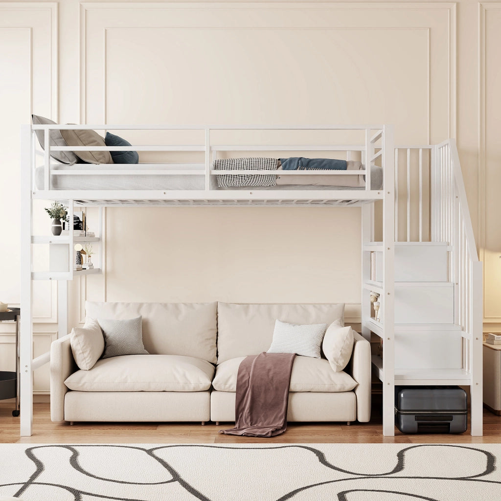 OKWISH Letto a soppalco 90×200 cm, Letto Singolo con Mensole, Scala con Contenitore e Sponda, senza Materasso, in Metallo, Bianco