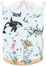 Opvoudbile contenitore per bambini con animali marini, grande contenitore per abbigliamento e giocattoli per la camera e la doccia, squalo blu, 63L