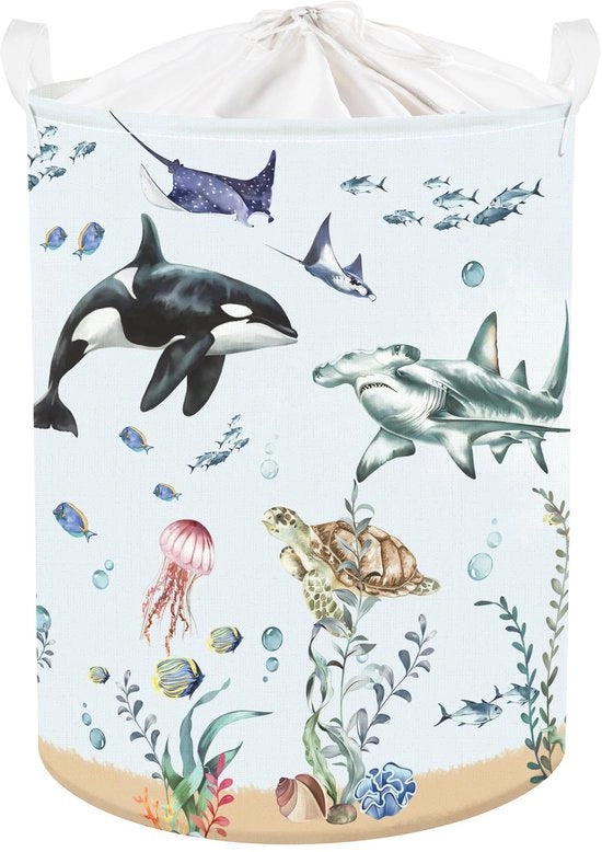 Opvoudbile contenitore per bambini con animali marini, grande contenitore per abbigliamento e giocattoli per la camera e la doccia, squalo blu, 63L