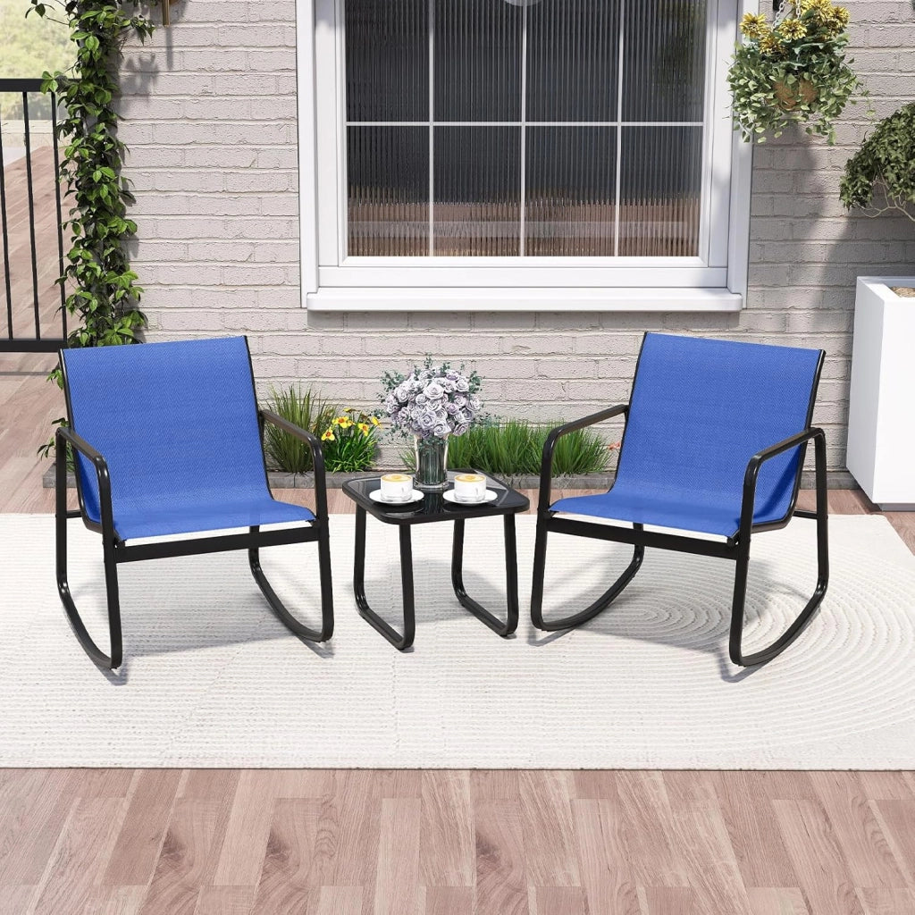 Set Bistrò 3 Pezzi, Sedie a Dondolo Ergonomiche in Textilene, Tavolino in Vetro Temperato, Struttura in Metallo, per Balcone, Giardino e Terrazzo (Blu)