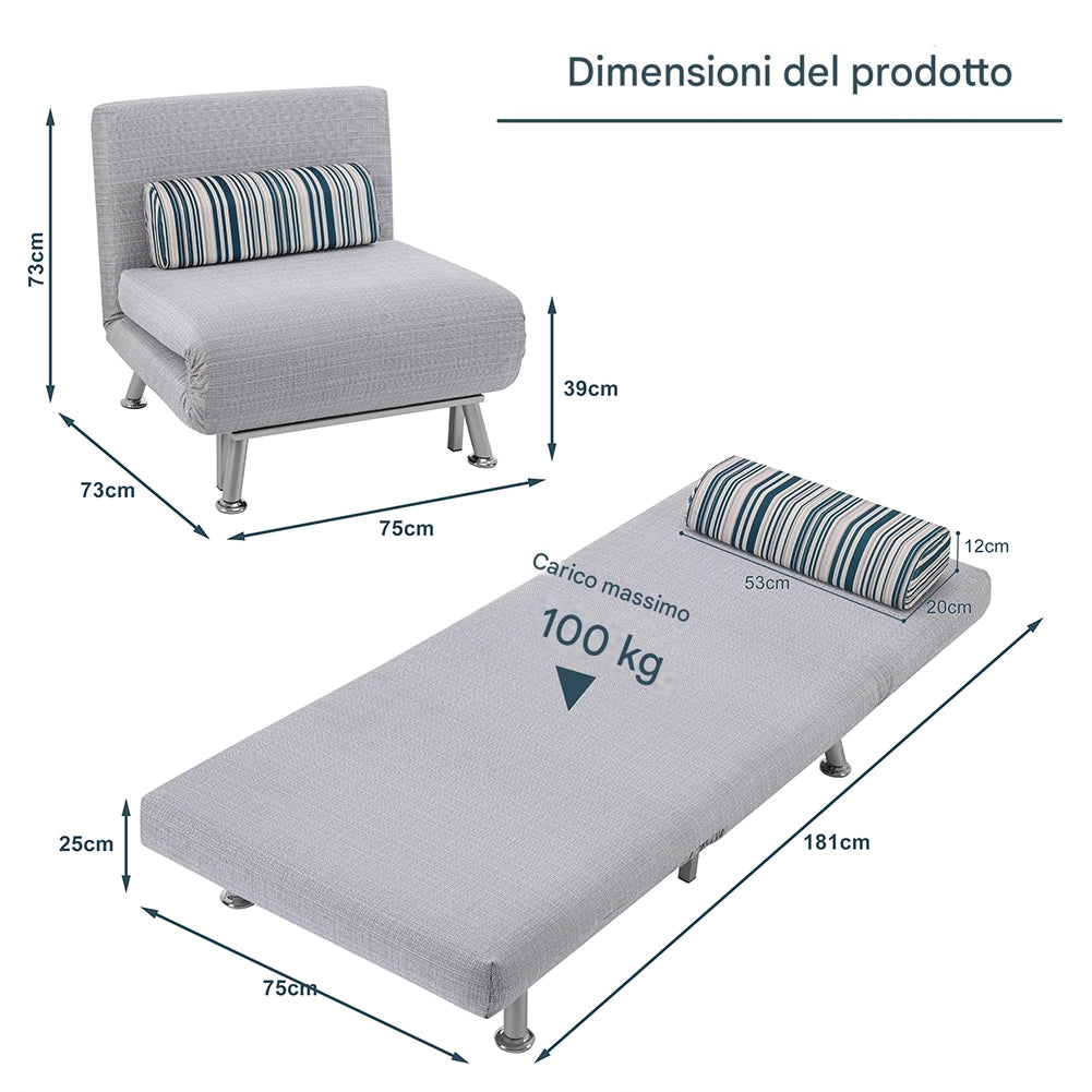 Poltrona Letto 1 Posto Schienale Reclinabile in Metallo e Tessuto 75x73x73 Salvaspazio Grigio Chiaro