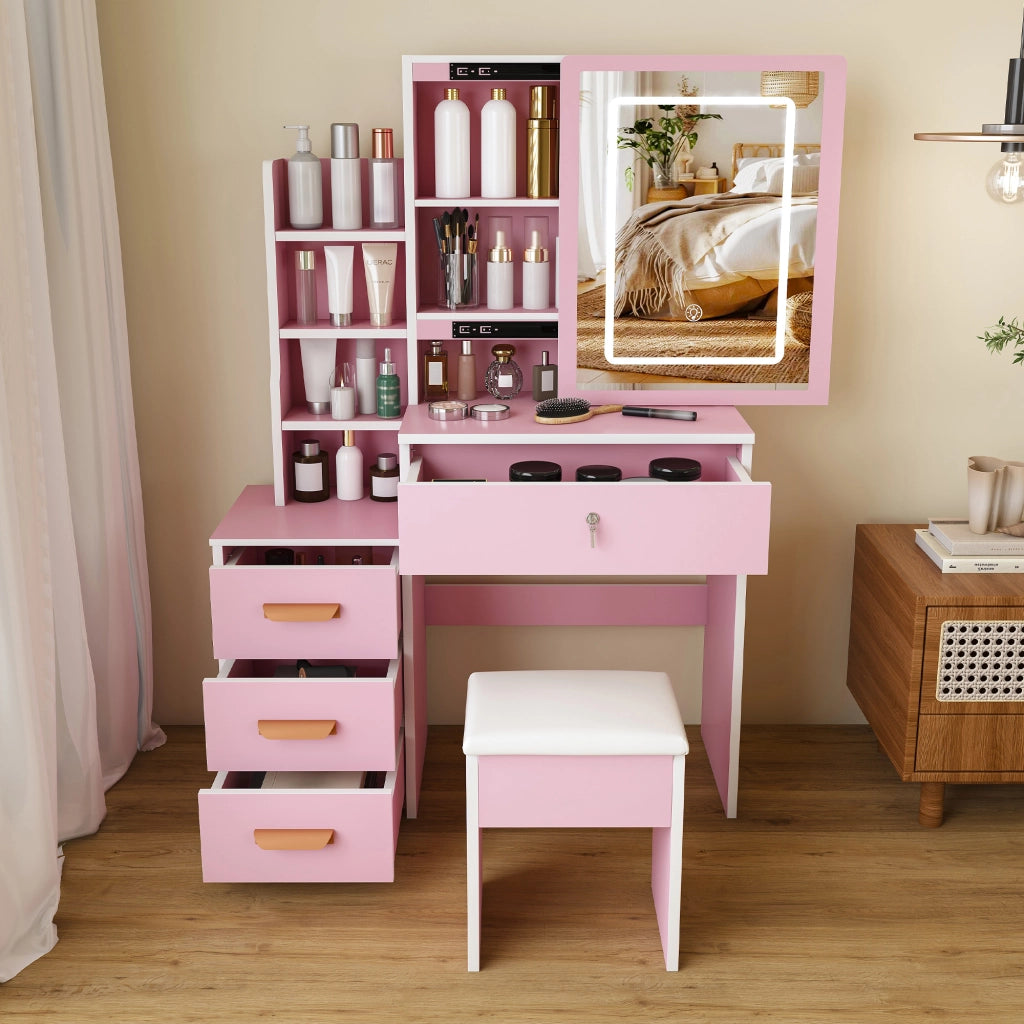 Tavolo da toeletta elegante con specchio illuminato; sgabello morbido; luce regolabile 3 colori; 4 cassetti; Rosa; B85×H130×P36cm