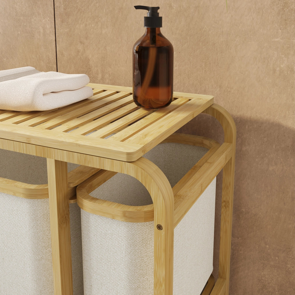 Mobile Portabiancheria Evenes in Bambù e 3 Sacchi Estraibili 70,5 x 49,5 x 33 cm Beige [en.casa]