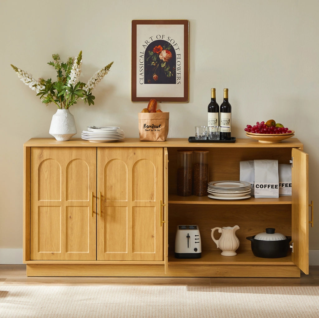 Credenza moderna 169 cm in MDF effetto legno naturale; con ante curve e ripiani regolabili