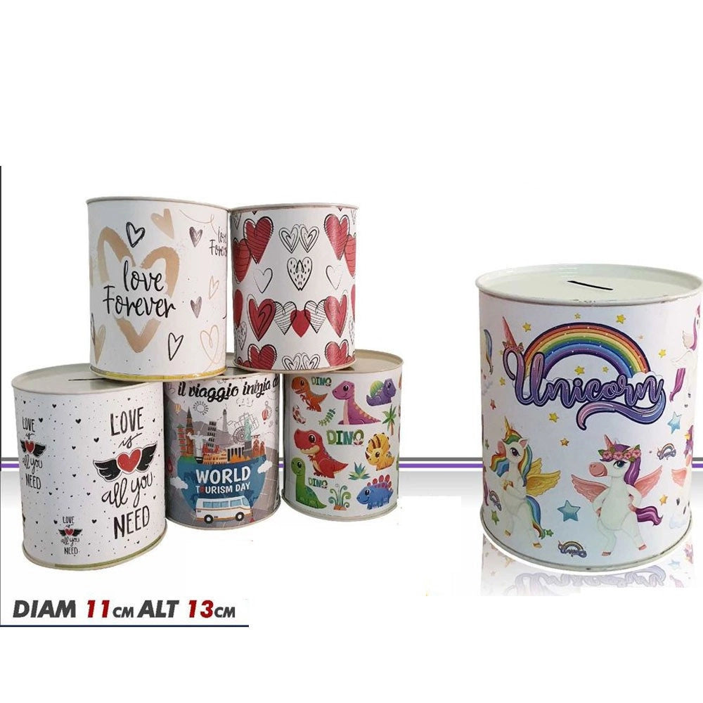 Trade Shop - Set 2 Pezzi Salvadanaio Latta Mini Monete Banconote Apertura Disegni Misti 13 Cm -