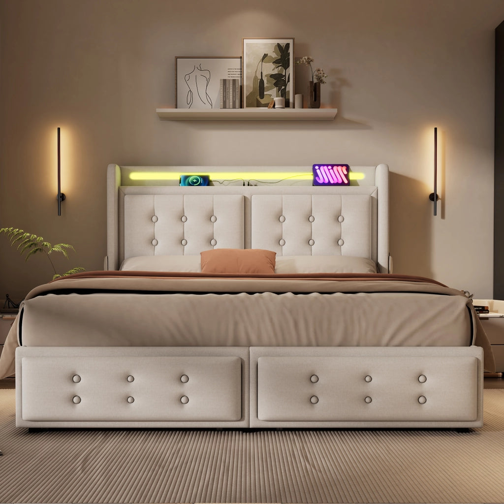 LETTO imbottito 160x200 cm Beige con LED, USB e 4 cassetti