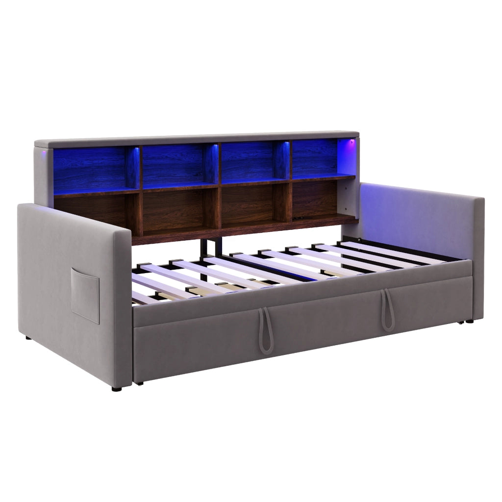 Letto Estraibile 90 x 190 cm; con Contenitore; LED; prese e USB - in Velluto Grigio