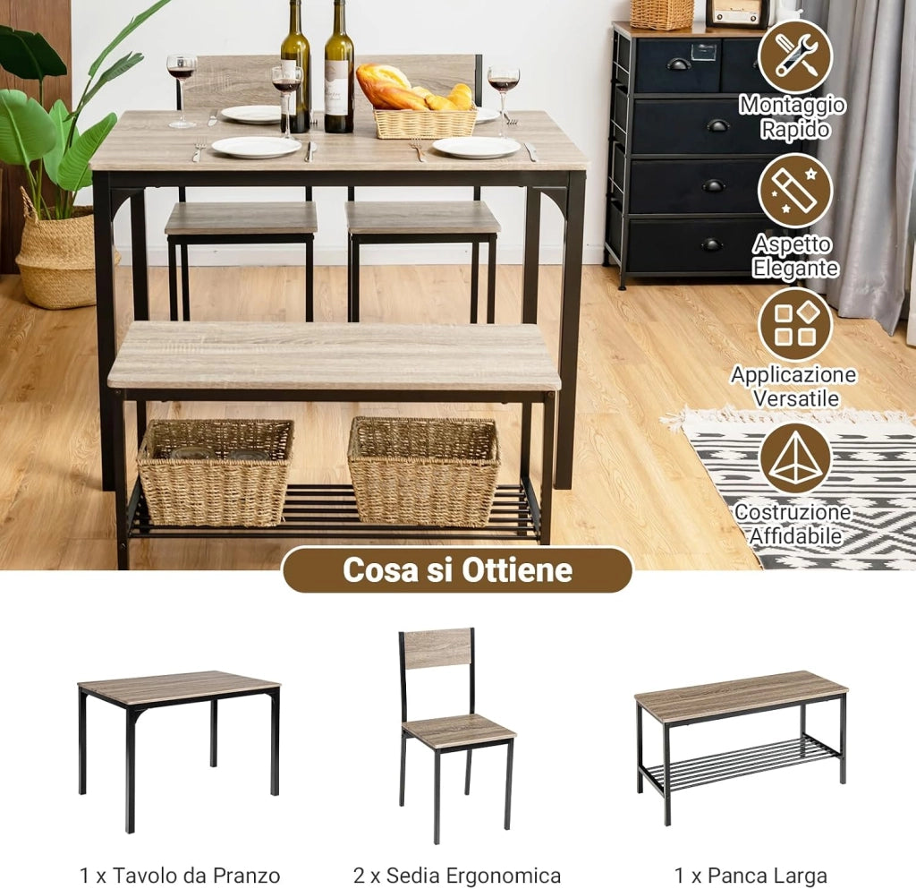 Set Tavolo e Sedie da Cucina 4 Pezzi, Tavolo da Pranzo con 2 Sedie e 1 Panca, Set Mobili da Cucina Salvaspazio con 4 Posti, per Sala da Pranzo e Soggiorno (Rovere grigio)