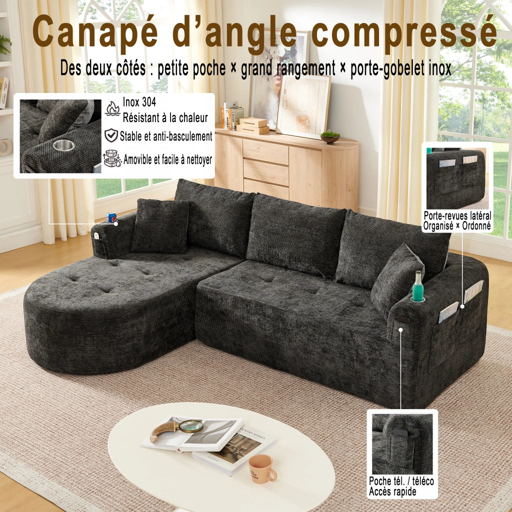 Divano angolare modulare L con portabicchieri in acciaio inox, tasche laterali e lino nero 255 × 170 × 67 cm