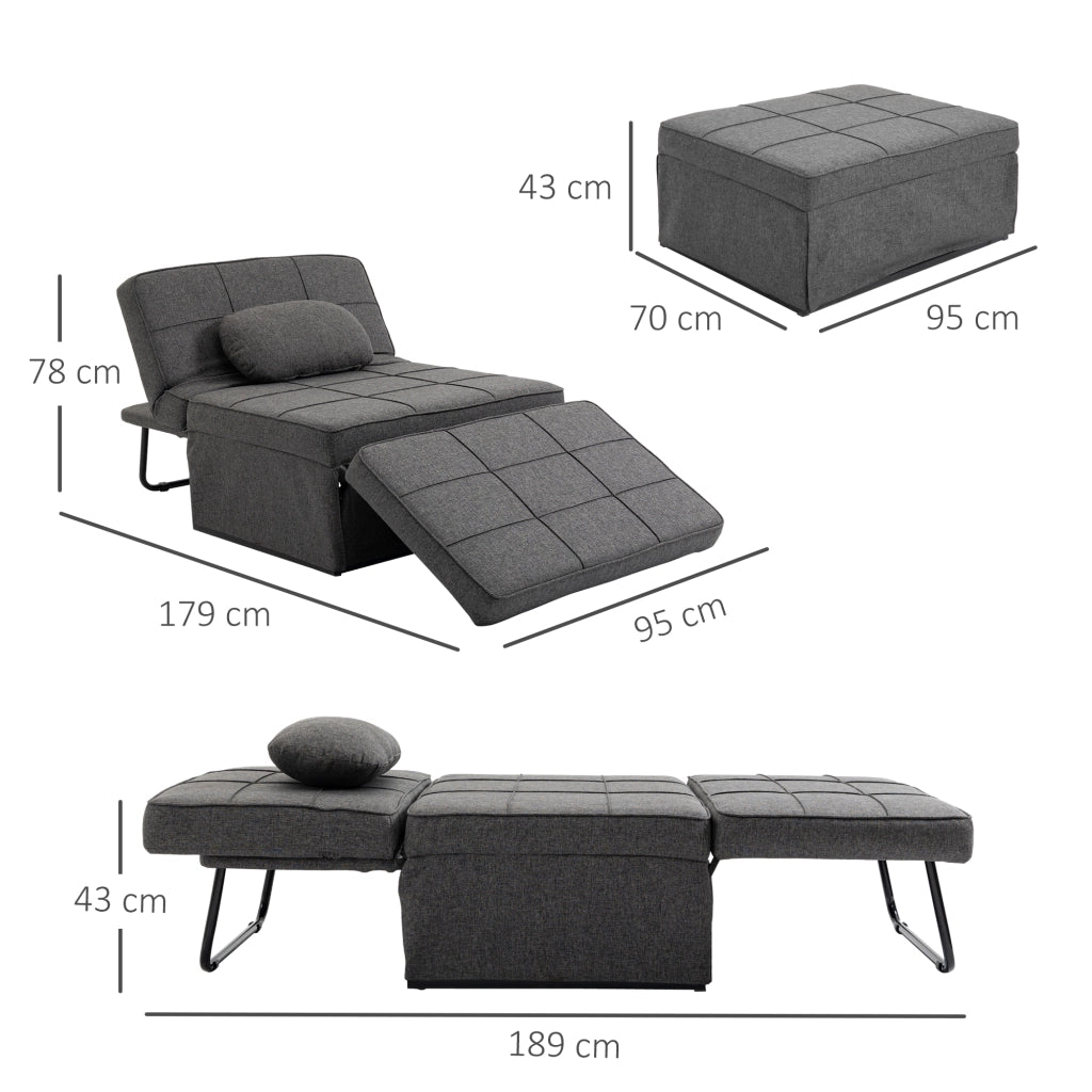 Letto Divano Poltrona con Schienale Regolabile e Cuscino in Tessuto ¨C Zephmum ¨C Grigio 95x179x78 cm