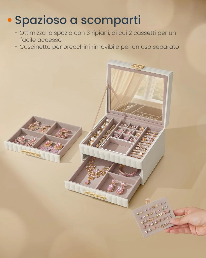 ANAH Collezione - Scatola Portagioie 3 Ripiani con Specchio, Porta Gioielli, 2 Cassetti, PU con Cucitura, Effetto Fluttuante, 21,5 x 24 x 15,8 cm, Idea Regalo, Bianco Nuvola JBC183W01