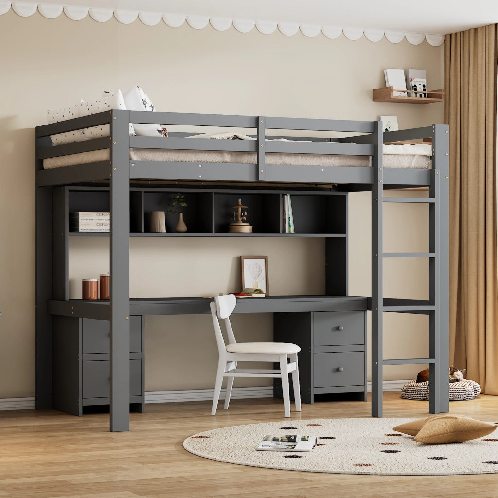 LETTO A SOPPALCO 90 x 200 cm con scrivania, cassetti, grigio