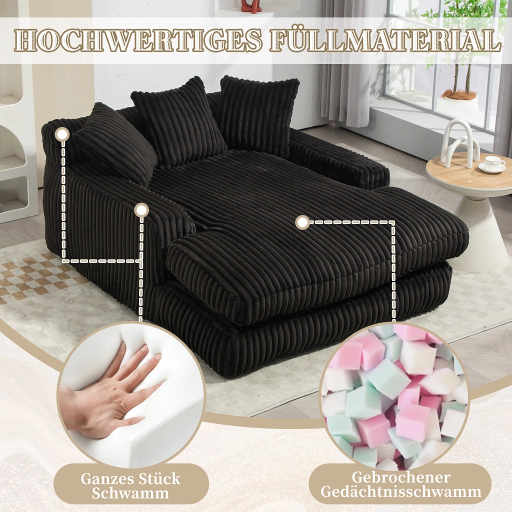 Chaise Longue da Interno 1 Posto con 3 Cuscini; Comfort Ergonomico senza Montaggio in Velluto a Coste Nero
