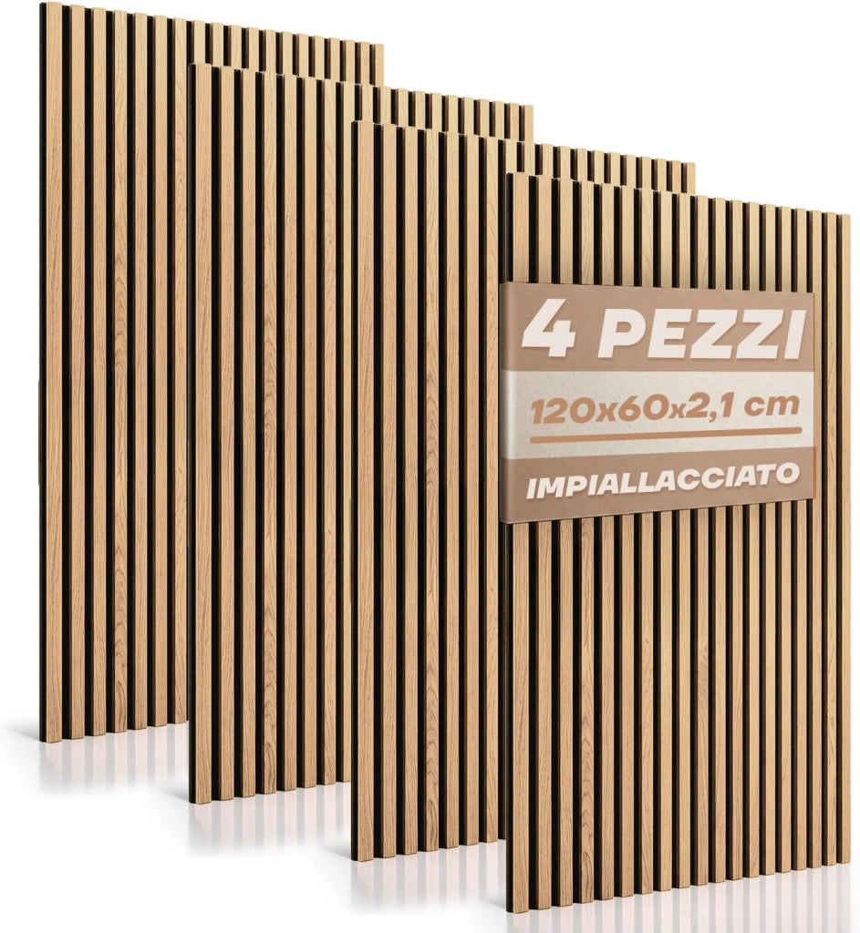 RMF PRO Set 4  Pannelli Decorativi Parete Legno Fonoassorbenti Rovere Chiaro 120x60 cm (2,88 m²) – Rivestimento Acustico a Listelli MDF per Soggiorno, Studio e Ufficio