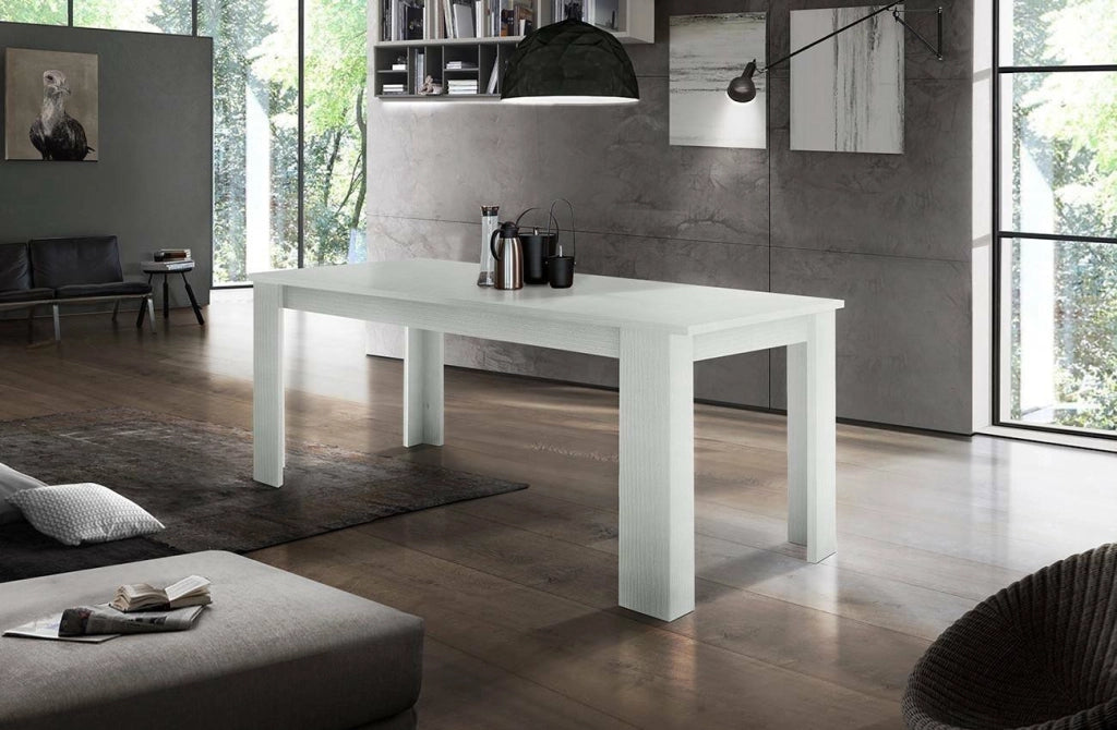 Tavolo per sala da pranzo Agenore, Made in Italy, Tavolo moderno con allunghe, Consolle allungabile, cm 160/210x90h75, Bianco lucido Larice