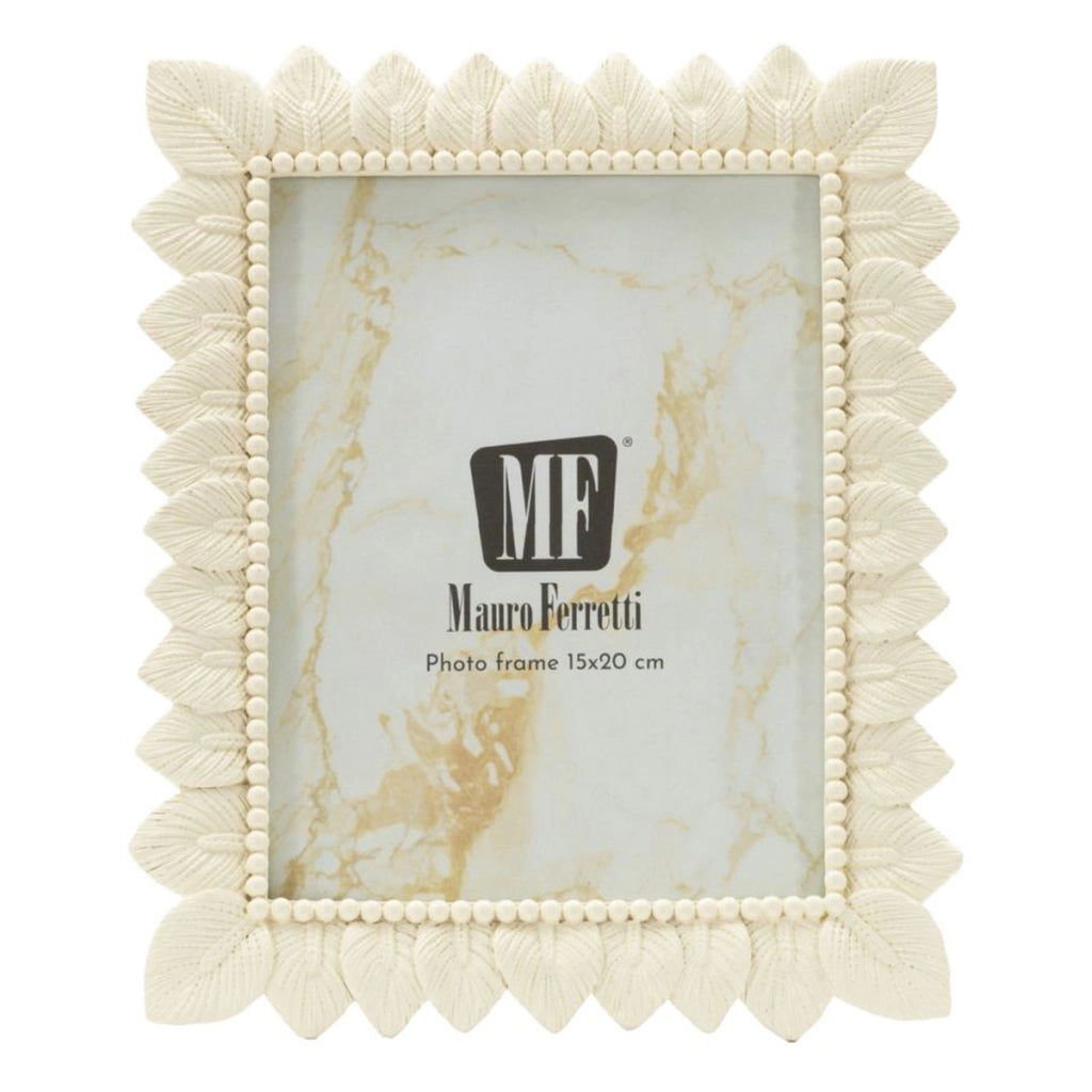 Cornice portafoto Light Leaf in resina crema con foglie 15x20