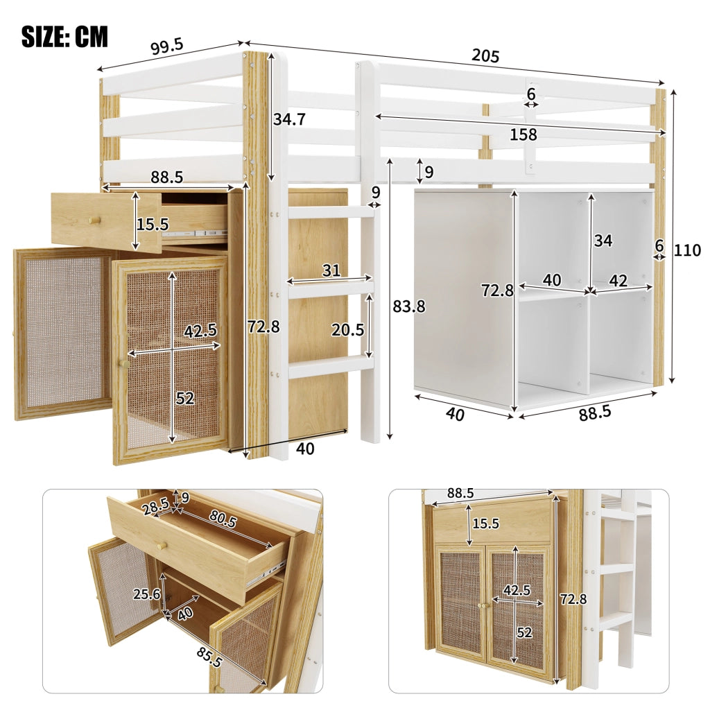 Letto a castello con scaletta 90x200 cm in legno massello bianco naturale