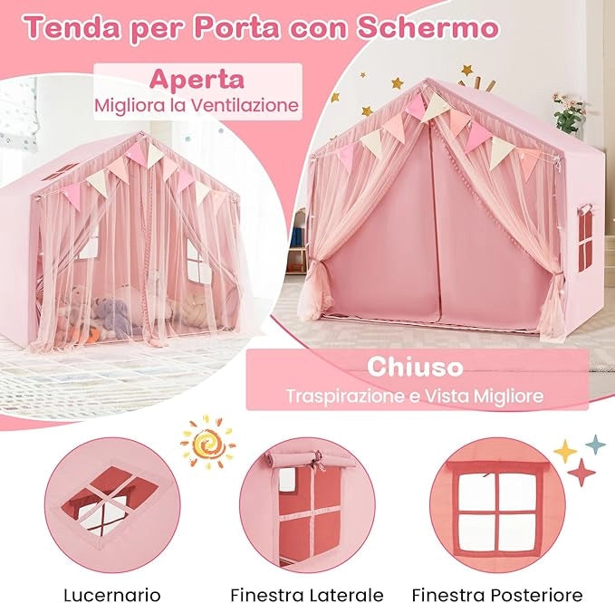 Tenda da Gioco per Bambini, Tenda Castello per 3-4 Bambini con Tende in Tessuto e Rete Luci a Stella e Finestre, Materassino in Cotone, per Bambini 3 Anni+, 146x96x133 cm (Rosa)