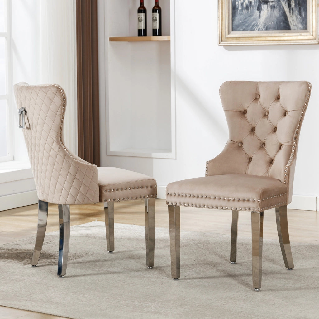 SEDIA da pranzo in velluto beige con struttura in legno massello e gambe in metallo
