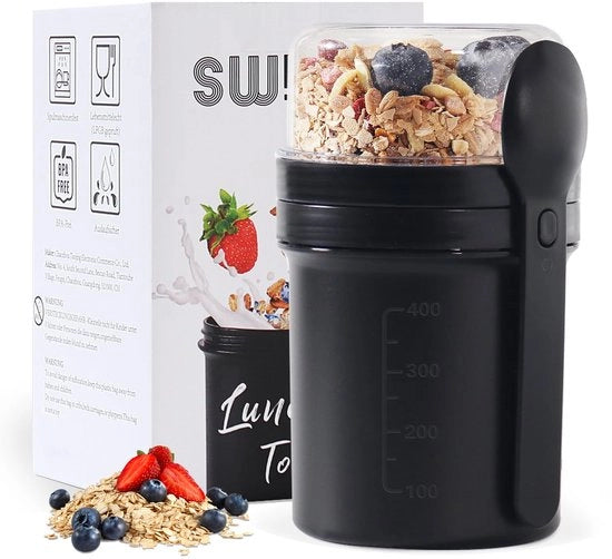 Coppa Muesli da Portare 450ml + 250ml, Coppa Yogurt da Portare con Coperchio, Bicchiere da Yogurt da Portare per Muesli e Yogurt, Coppa Muesli da Portare senza Fessura, Borsa di Pranzo (Nero)