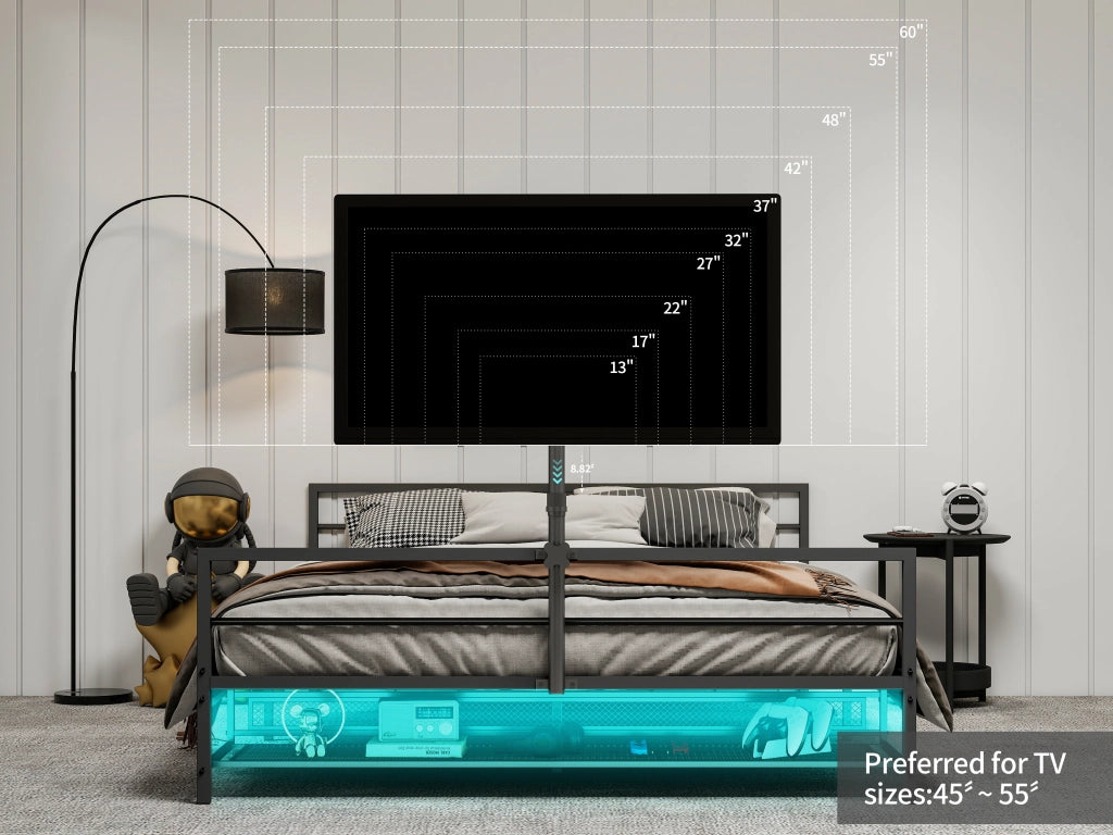 Letto gaming nero con supporto regolabile illuminazione LED e cestini di stiva sotto il letto. Grande letto in metallo lungo 206 cm.