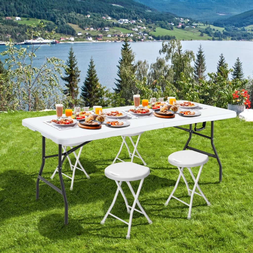 Tavolo in plastica rinforzato con maniglia per picnic in metallo e piedini antiscivolo-Tavolo da pranzo pieghevole 180 CM Bianco