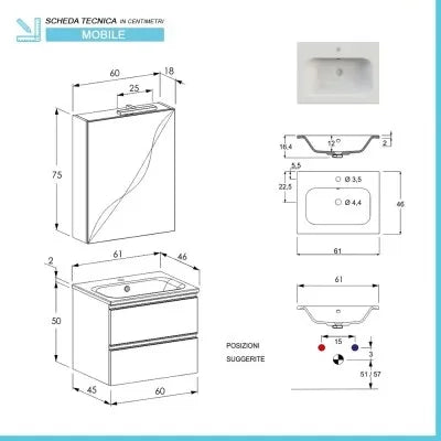 Mobile bagno sospeso 60 cm bianco opaco con lavabo e specchio contenitore Master