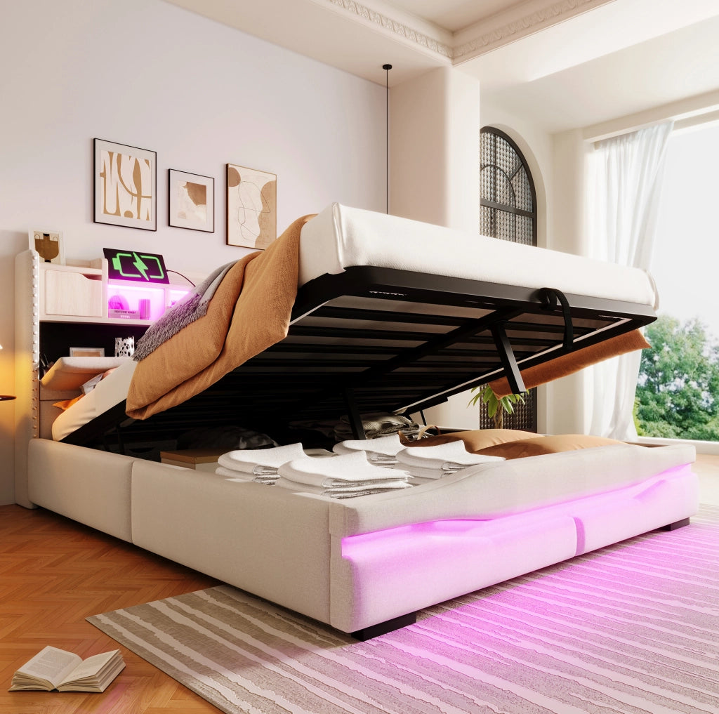 Letto imbottito 160x200 cm beige con vano idraulico e LED